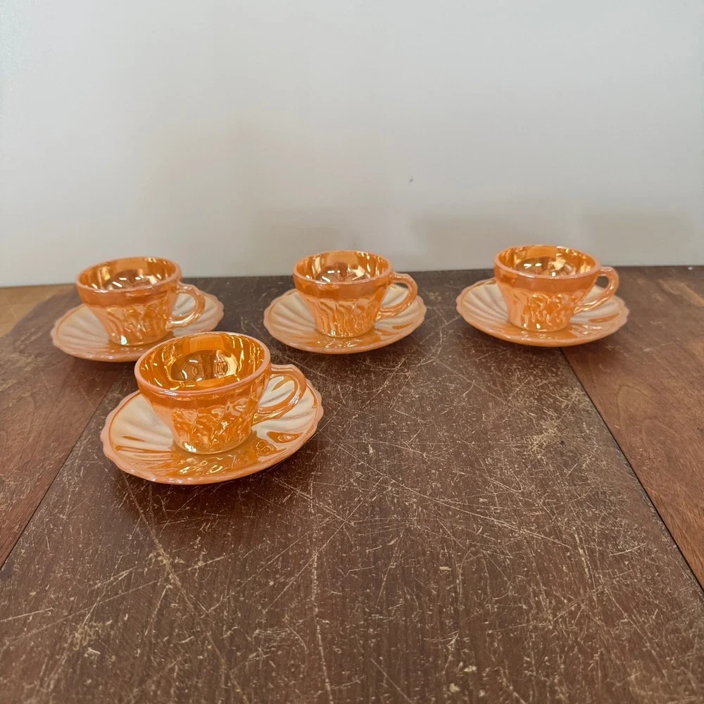 Anchor Hocking‎ Fire Ring Orange Peach Lusterware Carnival Glass Cup Saucer Set